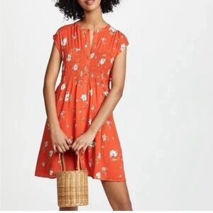 Free People Orange Floral Shirred smocked Waist Mini Dress